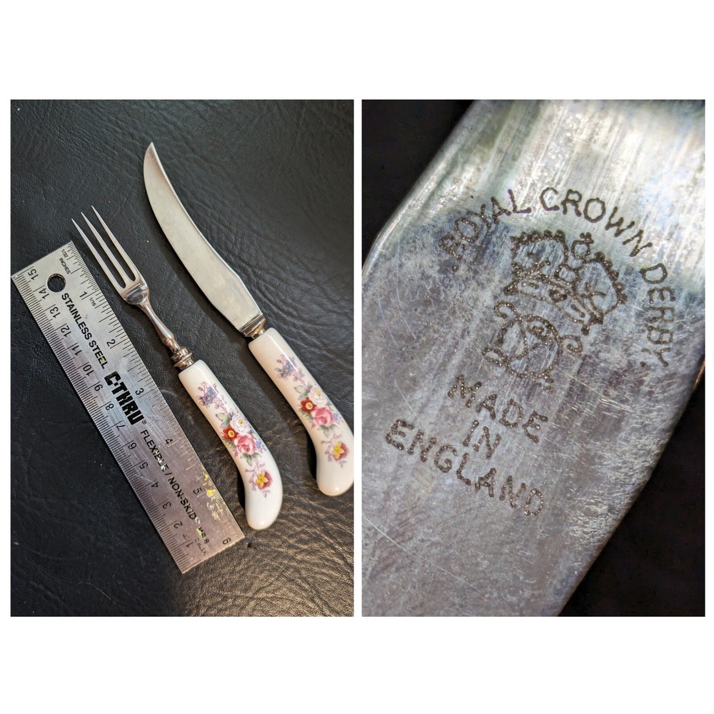 Royal Crown Derby Posies Replacement Fruit Forks Knife Porcelain Handle 7 Inch